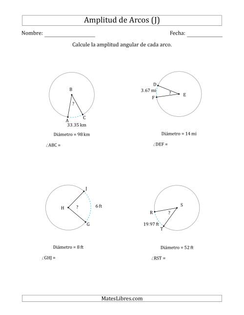 La hoja de ejercicios de Calcular la Amplitud de un Arco a partir del Diámetro (J)