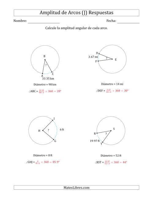 La hoja de ejercicios de Calcular la Amplitud de un Arco a partir del Diámetro (J) Página 2