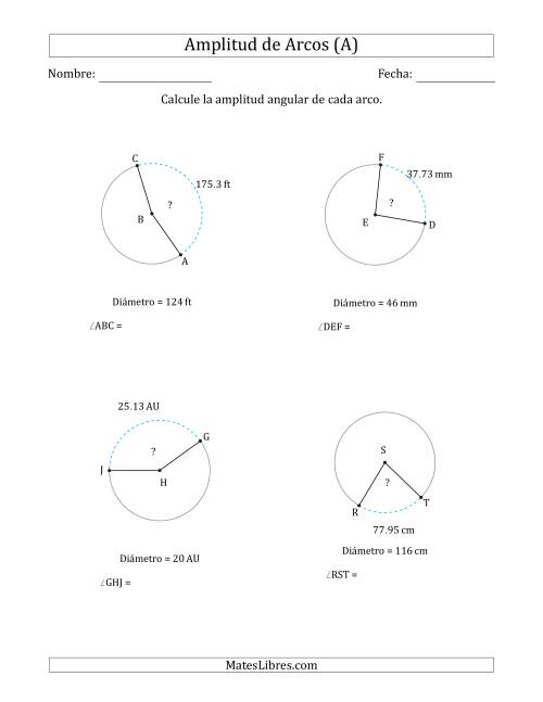 La hoja de ejercicios de Calcular la Amplitud de un Arco a partir del Diámetro (Todas)