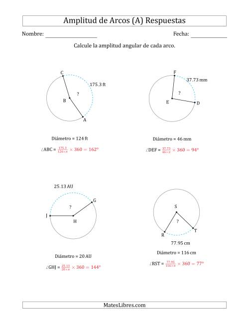 La hoja de ejercicios de Calcular la Amplitud de un Arco a partir del Diámetro (Todas) Página 2
