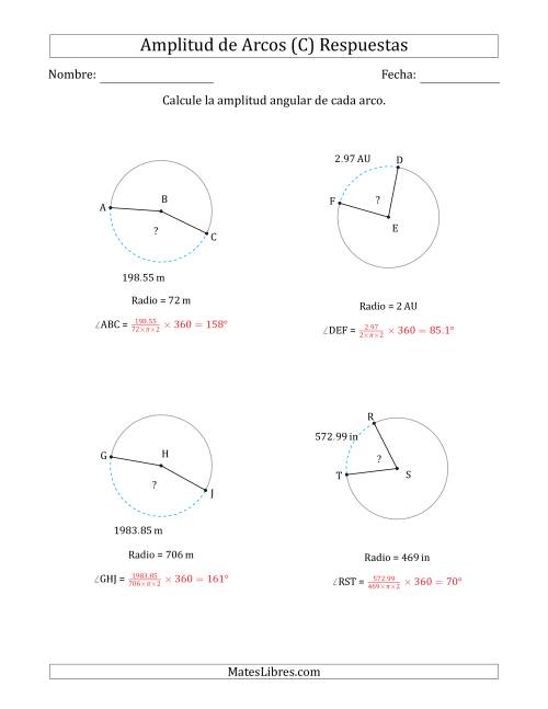 La hoja de ejercicios de Calcular la Amplitud de un Arco a partir del Radio (C) Página 2