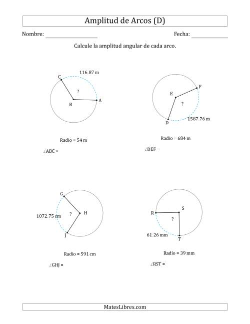 La hoja de ejercicios de Calcular la Amplitud de un Arco a partir del Radio (D)