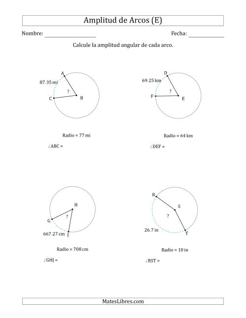 La hoja de ejercicios de Calcular la Amplitud de un Arco a partir del Radio (E)