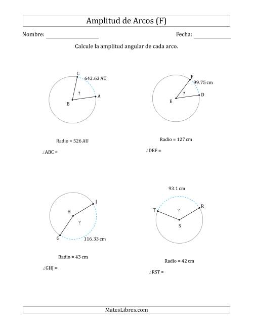 La hoja de ejercicios de Calcular la Amplitud de un Arco a partir del Radio (F)