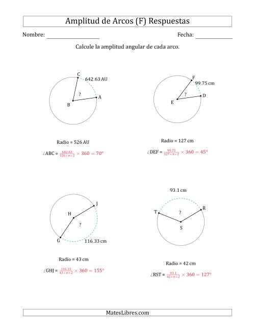 La hoja de ejercicios de Calcular la Amplitud de un Arco a partir del Radio (F) Página 2