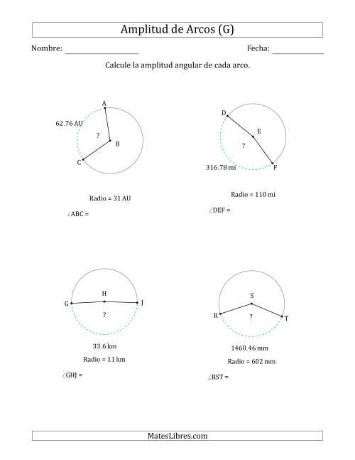 La hoja de ejercicios de Calcular la Amplitud de un Arco a partir del Radio (G)