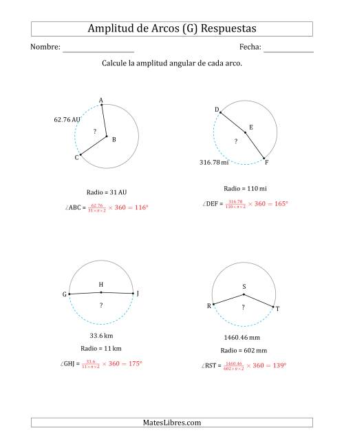 La hoja de ejercicios de Calcular la Amplitud de un Arco a partir del Radio (G) Página 2