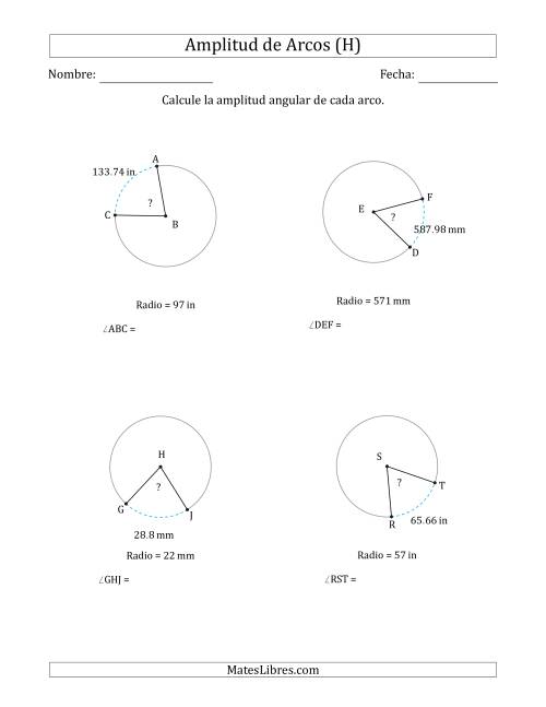 La hoja de ejercicios de Calcular la Amplitud de un Arco a partir del Radio (H)