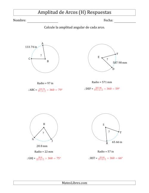 La hoja de ejercicios de Calcular la Amplitud de un Arco a partir del Radio (H) Página 2
