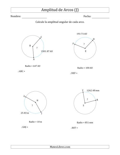 La hoja de ejercicios de Calcular la Amplitud de un Arco a partir del Radio (J)