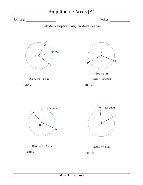 La hoja de ejercicios de Calcular la Amplitud de un Arco a partir del Radio o el Diámetro (A)
