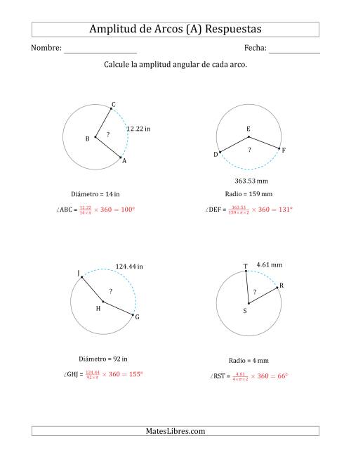 La hoja de ejercicios de Calcular la Amplitud de un Arco a partir del Radio o el Diámetro (A) Página 2