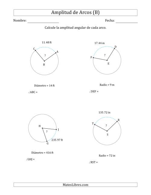 La hoja de ejercicios de Calcular la Amplitud de un Arco a partir del Radio o el Diámetro (B)