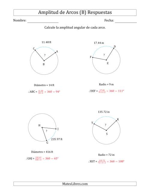 La hoja de ejercicios de Calcular la Amplitud de un Arco a partir del Radio o el Diámetro (B) Página 2