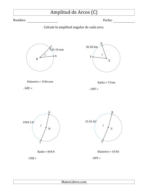 La hoja de ejercicios de Calcular la Amplitud de un Arco a partir del Radio o el Diámetro (C)