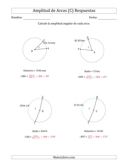 La hoja de ejercicios de Calcular la Amplitud de un Arco a partir del Radio o el Diámetro (C) Página 2