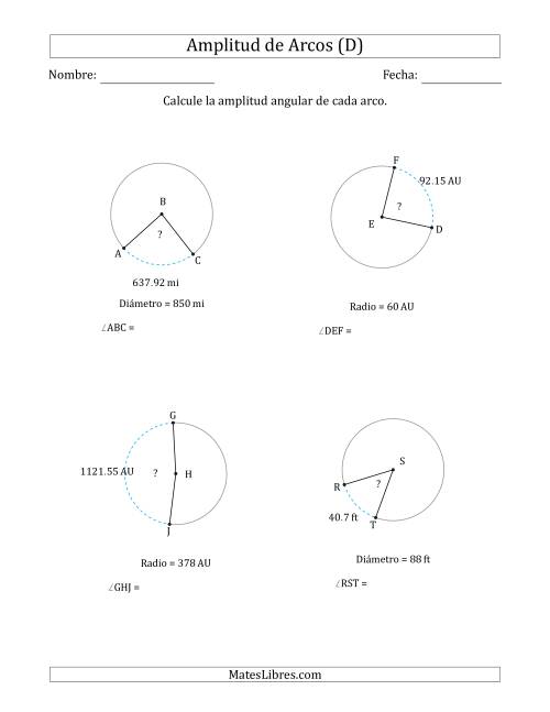 La hoja de ejercicios de Calcular la Amplitud de un Arco a partir del Radio o el Diámetro (D)