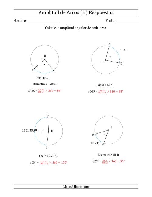 La hoja de ejercicios de Calcular la Amplitud de un Arco a partir del Radio o el Diámetro (D) Página 2
