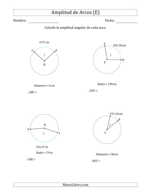 La hoja de ejercicios de Calcular la Amplitud de un Arco a partir del Radio o el Diámetro (E)
