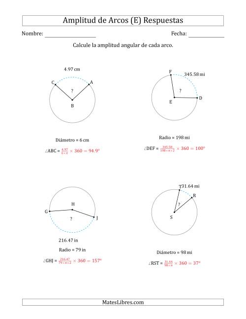 La hoja de ejercicios de Calcular la Amplitud de un Arco a partir del Radio o el Diámetro (E) Página 2
