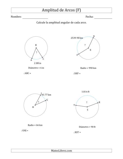 La hoja de ejercicios de Calcular la Amplitud de un Arco a partir del Radio o el Diámetro (F)