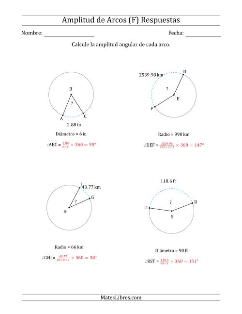 La hoja de ejercicios de Calcular la Amplitud de un Arco a partir del Radio o el Diámetro (F) Página 2