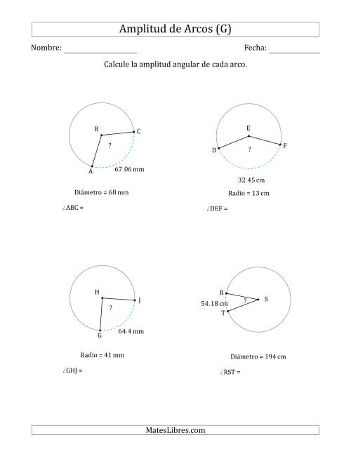 La hoja de ejercicios de Calcular la Amplitud de un Arco a partir del Radio o el Diámetro (G)