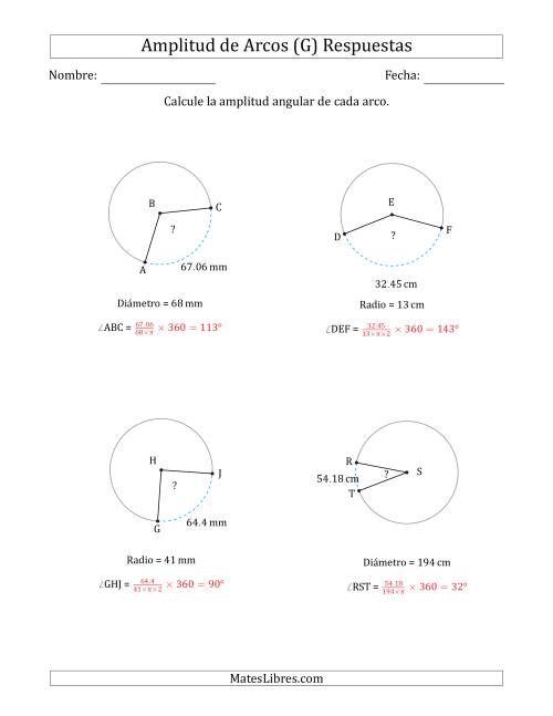 La hoja de ejercicios de Calcular la Amplitud de un Arco a partir del Radio o el Diámetro (G) Página 2