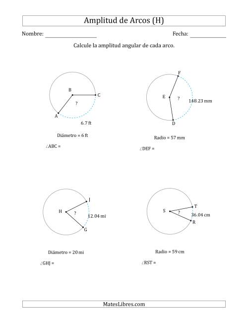 La hoja de ejercicios de Calcular la Amplitud de un Arco a partir del Radio o el Diámetro (H)