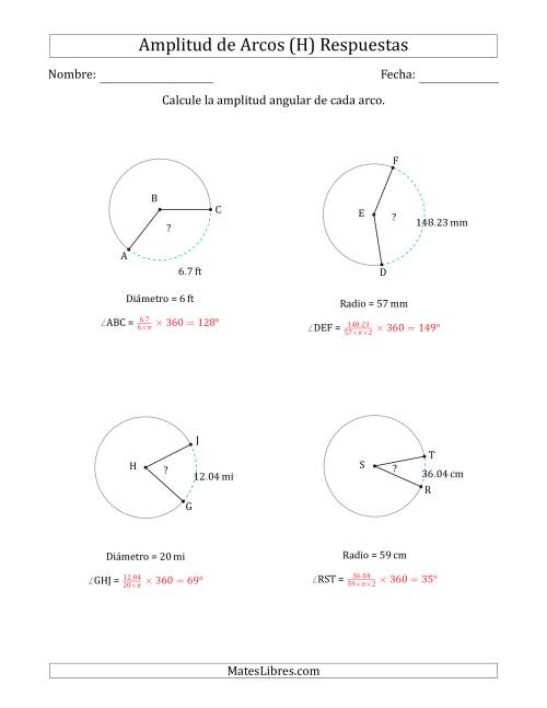 La hoja de ejercicios de Calcular la Amplitud de un Arco a partir del Radio o el Diámetro (H) Página 2