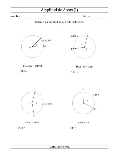 La hoja de ejercicios de Calcular la Amplitud de un Arco a partir del Radio o el Diámetro (I)