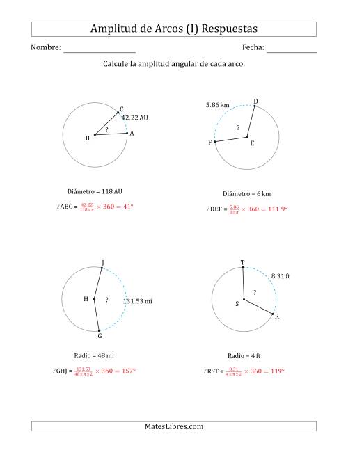 La hoja de ejercicios de Calcular la Amplitud de un Arco a partir del Radio o el Diámetro (I) Página 2