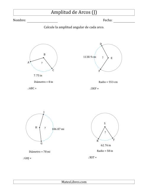 La hoja de ejercicios de Calcular la Amplitud de un Arco a partir del Radio o el Diámetro (J)