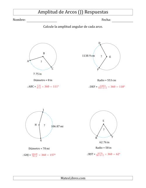 La hoja de ejercicios de Calcular la Amplitud de un Arco a partir del Radio o el Diámetro (J) Página 2