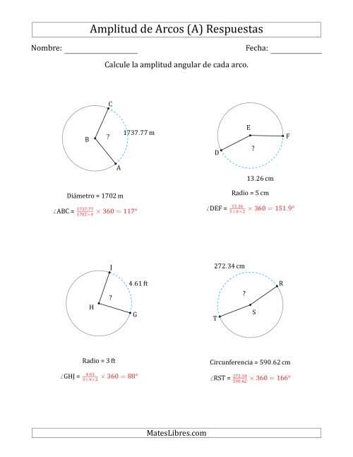 La hoja de ejercicios de Calcular la Amplitud de un Arco a partir del Radio, el Diámetro o la Circunferencia (A) Página 2