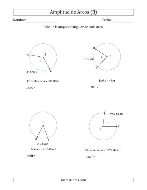 La hoja de ejercicios de Calcular la Amplitud de un Arco a partir del Radio, el Diámetro o la Circunferencia (B)