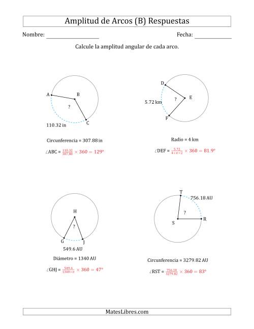 La hoja de ejercicios de Calcular la Amplitud de un Arco a partir del Radio, el Diámetro o la Circunferencia (B) Página 2