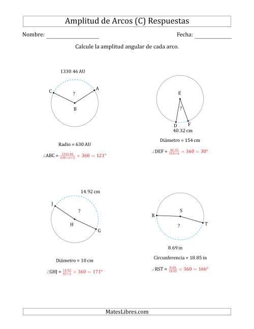 La hoja de ejercicios de Calcular la Amplitud de un Arco a partir del Radio, el Diámetro o la Circunferencia (C) Página 2