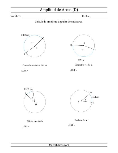 La hoja de ejercicios de Calcular la Amplitud de un Arco a partir del Radio, el Diámetro o la Circunferencia (D)