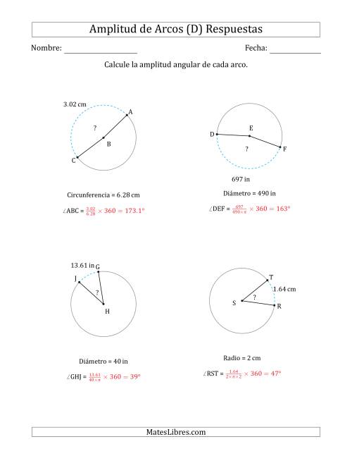 La hoja de ejercicios de Calcular la Amplitud de un Arco a partir del Radio, el Diámetro o la Circunferencia (D) Página 2