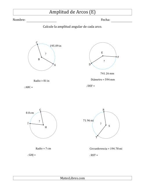 La hoja de ejercicios de Calcular la Amplitud de un Arco a partir del Radio, el Diámetro o la Circunferencia (E)