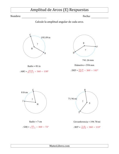 La hoja de ejercicios de Calcular la Amplitud de un Arco a partir del Radio, el Diámetro o la Circunferencia (E) Página 2