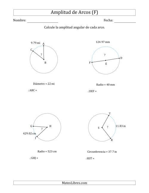 La hoja de ejercicios de Calcular la Amplitud de un Arco a partir del Radio, el Diámetro o la Circunferencia (F)