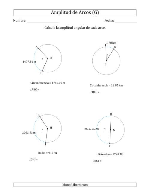 La hoja de ejercicios de Calcular la Amplitud de un Arco a partir del Radio, el Diámetro o la Circunferencia (G)