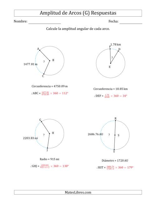 La hoja de ejercicios de Calcular la Amplitud de un Arco a partir del Radio, el Diámetro o la Circunferencia (G) Página 2