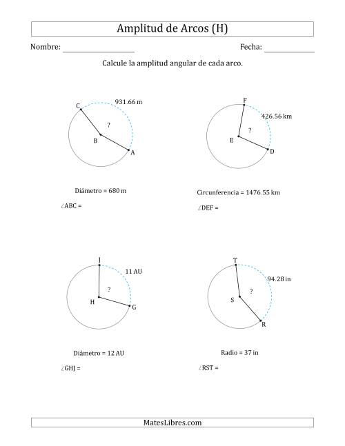 La hoja de ejercicios de Calcular la Amplitud de un Arco a partir del Radio, el Diámetro o la Circunferencia (H)