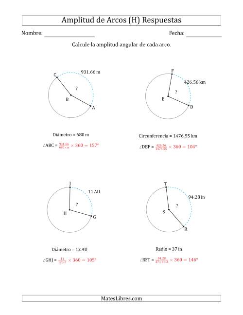 La hoja de ejercicios de Calcular la Amplitud de un Arco a partir del Radio, el Diámetro o la Circunferencia (H) Página 2