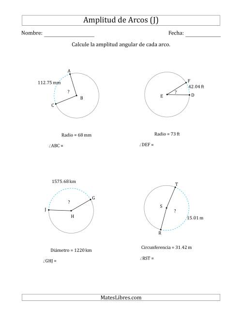 La hoja de ejercicios de Calcular la Amplitud de un Arco a partir del Radio, el Diámetro o la Circunferencia (J)