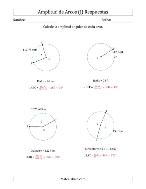 La hoja de ejercicios de Calcular la Amplitud de un Arco a partir del Radio, el Diámetro o la Circunferencia (J) Página 2
