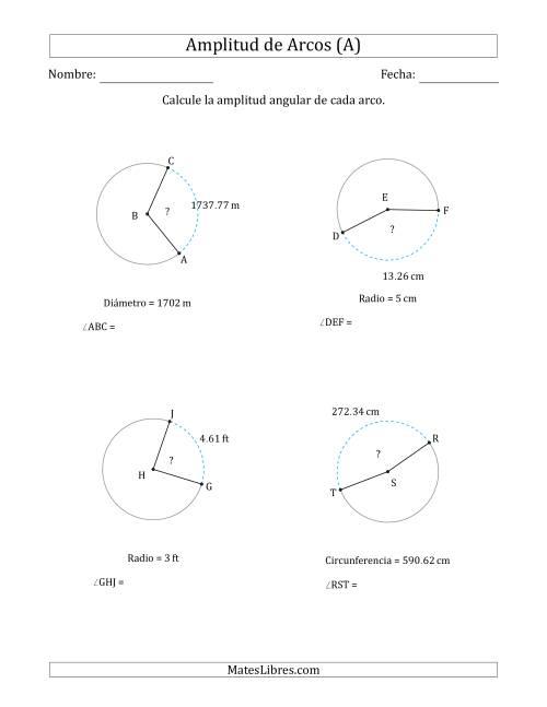 La hoja de ejercicios de Calcular la Amplitud de un Arco a partir del Radio, el Diámetro o la Circunferencia (Todas)